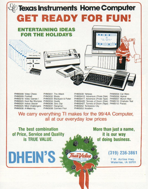 A magazine ad for a Texas Instruments 99/4A computer system and accessories from True Value Hardware Store