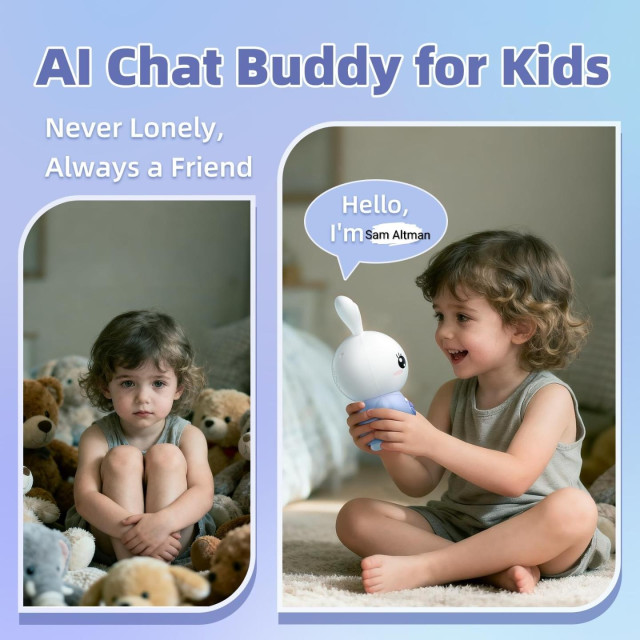 An ad for an "AI chat buddy for kids" that looks like a cute bunny toy. The caption reads "never lonely, always a friend" and there are two photos below: one shows a depressed-looking kid sitting in a pile of stuffed animals, and the other shows a happy kid holding the bunny toy who's saying "hello, I'm Alilo", but "Alilo" has been replaced with "Sam Altman". The photos are probably AI generated.