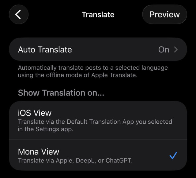 Auto Translate settings in Mona app