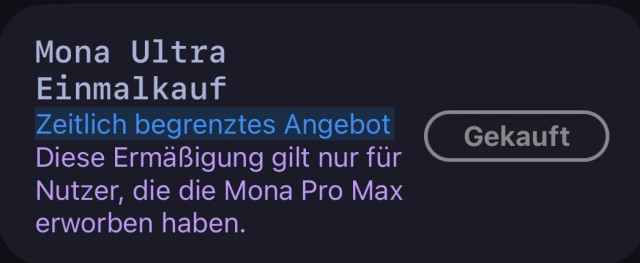 Screenshot: Mona Ultra Einzelkauf, zeitlich begrenztes Angebot, nur für Nutzer mit Mona Pro Max.