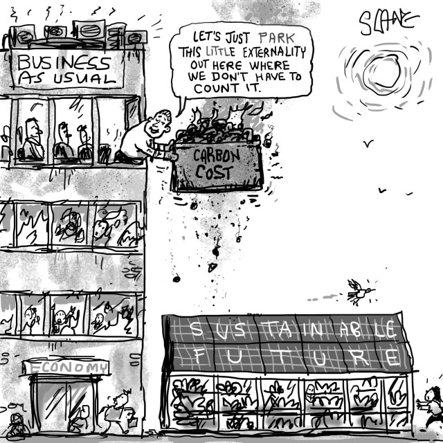 Cartoon depicts a business leader leaning out of an upper level window of an office building about to drop a bin of burning coals labelled 'Carbon Cost'.

"Let's just park this little externality out here where we don't have to count it"