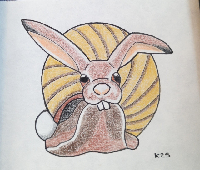 A cartoon style drawing of a snail and rabbit hybrid. The head of a rabbit on the body of a snail with the shell behind, and the fluffy bunny tail.