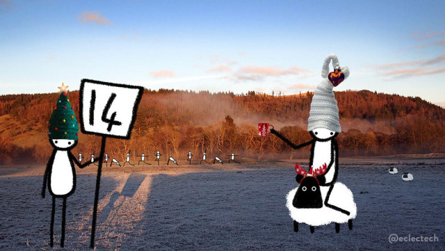 Drawing on a photo. The photo is a Scottish landscape. In the foreground a frosty field, almost totally in shadow. The far end of the field and the tree covered hillside beyond are orange in the light of the low winter sun. The sky above is blue, with a few small wispy clouds. 

On top a number of my Friend Folk have been drawn - simple scribbled black and white figures. In the foreground on the left is one holding a placard with the number 14 on it. They wear a tall Christmas tree knitted hat with a glowing star on top. 

In the distance, in the strip of sunlight at the end of the field, are 13 more doing yoga poses. 

On the right in the foreground is another in a very tall white knitted hat with a red heart bauble attached, a mug of something warm in his hand, riding a scribbled sheep wearing a small Santa hat and reindeer ears, looking to camera a little nonplussed. There are two more sheep in the distance.