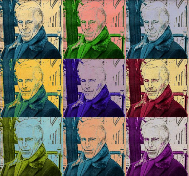3x3 of Warholized Jeffrey Epstein portraits.