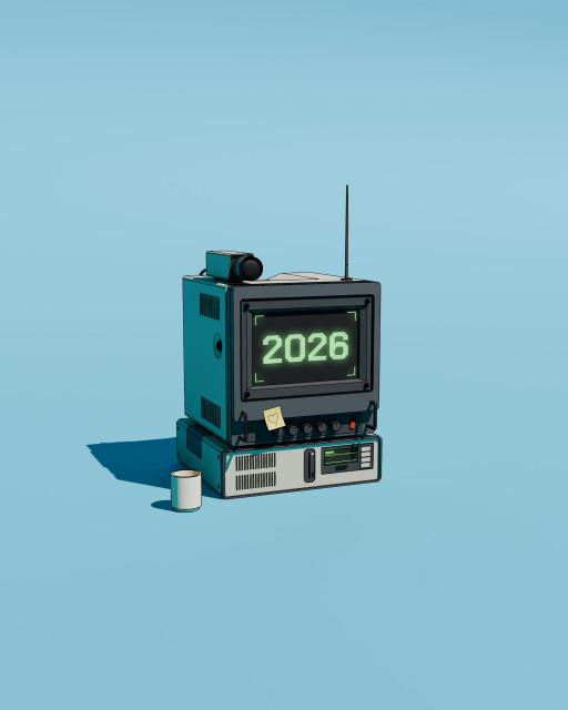 A retro-style tv screen with a camera on top against a light blue background. The display reads «2026» in green numbers.