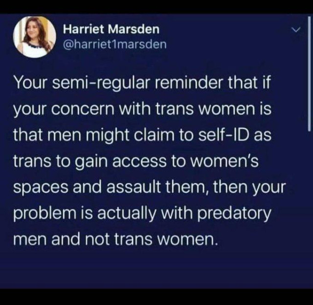 Harriet Marsden posts: 
Your semi-regular reminder that if
your concern with trans women is
that men might claim to self-ID as
trans to gain access to women's
spaces and assault them, then your
problem is actually with predatory
men and not trans women.
