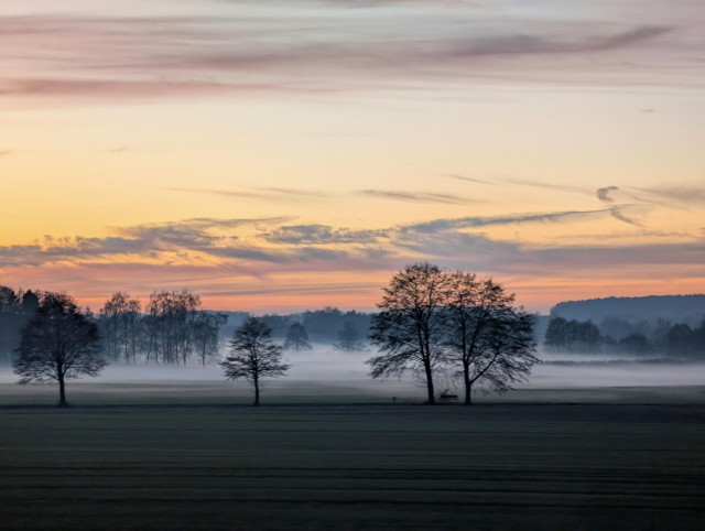At sunset the sky and its scattered clouds slowly change from greyish blue to orange. The fields below are covered with fog and have forests in the distance. From side to side, four bare leaf trees are closer to the camera with one bench in between two of them that are close together on the right.