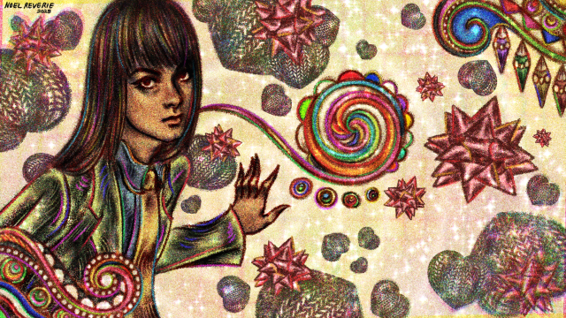 Digital art of a young man surrounded by colorful swirly objects, present bows and multicolor abaca fans acting as lily pads.