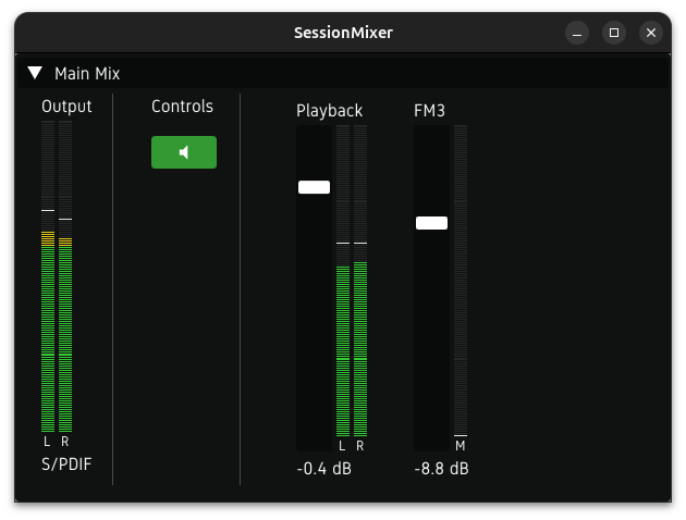 An instance of SessionMixer showing a "Main Mix" containing a "Playback" and an "FM3" input. You can see the cue mix output level, control buttons, faders, and VU meters.