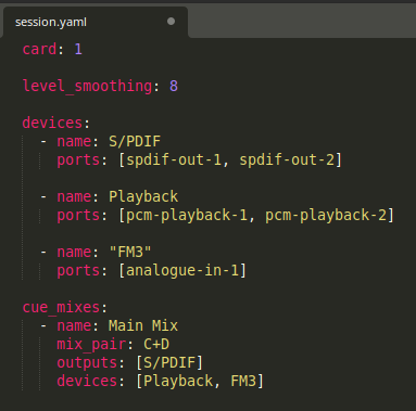 This is the very simple configuration file that results in the cue mix in the other image. Name your devices with logical names inside SessionMixer and then build controls for just the I/O you want to interact with.