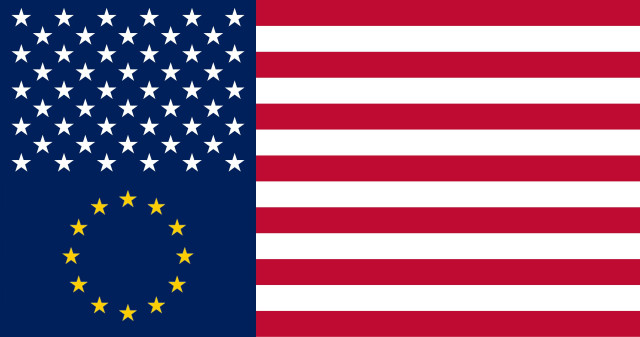 USEU flag. The EU flag is placed beneath the blue field of the U.S. stars so the two blend seamlessly. The EU flag’s blue background is changed to the U.S. blue tone. Welcome to the United States of AmericEU!