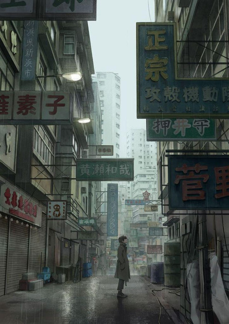 a digital painting featuring the rainy streets of hong kong and a male character in a coat