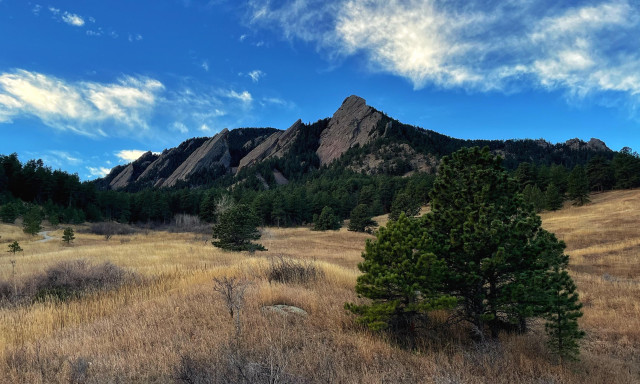 The iconic Flatirons — a set of uptilted sandstone rocks — across a meadow of dried, brown grasses dotted with green pine trees, under partly cloudy morning skies, on my way up a trail toward the top.