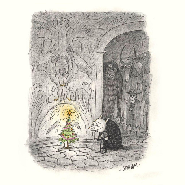 A cartoon illustration of a vampire wistfully looking at his tiny christmas tree in a castle while odd monsters look on from another room.