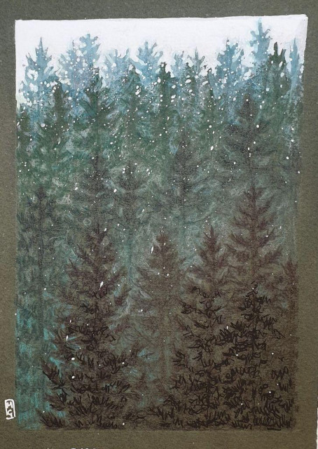 A small colour drawing of a dark deep forest, layers of trees going off to the distance, darker in the foreground. There is a little snowfall beginning.
An original art work, please note that the frame is not included.
Colour pencil and mixed media on acid free toned artist paper
5 by 7 inches (12.7 by 17.8 cm).