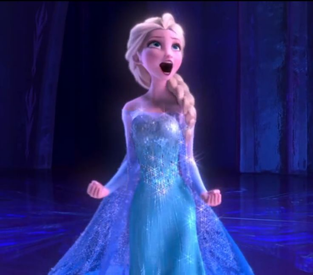A still from the movie Frozen with Elsa singing.