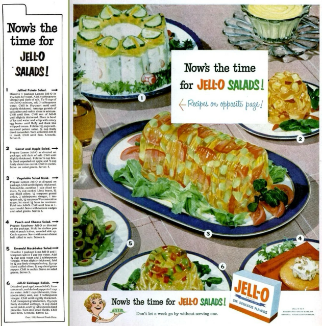 On the far left are various recipes for Jell-O and fruit and vegetable salad salads. The large main center photo is of the various items you can make. The center is a a belonged clear Jell-O with marshmallows, lettuce, and tomatoes inside. Other Jell-O creations are olives, sliced in green Jell-O, apples, diced up in a yellow Jell-O, up in the far top is a creamy white Jell-O concoction.
