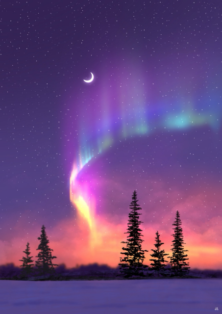 A dreamy winter night scene with a crescent moon and a star-filled purple sky. Colorful aurora borealis ribbons in pink, teal, yellow, and violet rise above a snowy landscape, with dark evergreen trees silhouetted in the foreground.