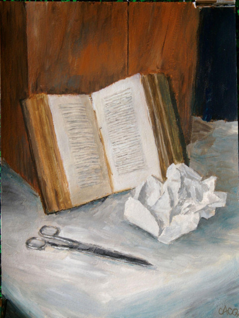 Peinture représentant un livre ouvert, une paire de ciseaux et une feuille de papier chiffonnée.