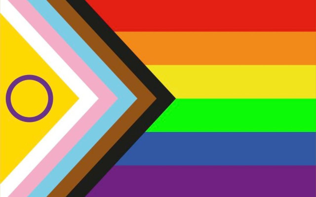 Progressive pride flag containing the intersex symbol, trans flag colours, and rainbow flag.