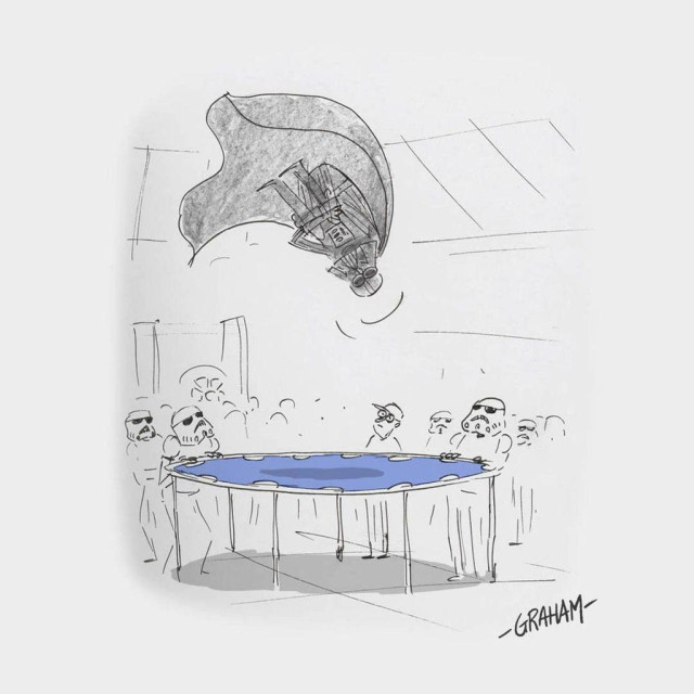 A cartoon illustration of Darth Vader doing tricks on a trampoline while stormtroopers and officers stand around and watch.