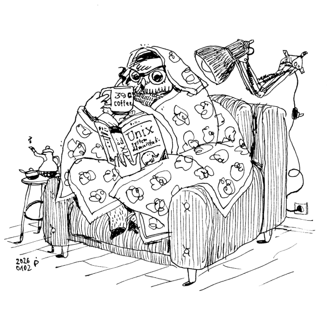 drawing of a person with an owl head sitting on an armchair, wrapped up in a blanket. hte person is holding a cup up to their beak but staring past it into a book titled "unix system administration". the cup has a print saying "39C3 coffee", which is supposed to continue to "coffeenerds", but the nerds are beyond the horizon of the cup's curvature. next to the armchair, there is a small table with a teapot and a bowl of maybe sugarcubes on it. on the wall behind the armchair, a lamp with a weird arm is fastened.