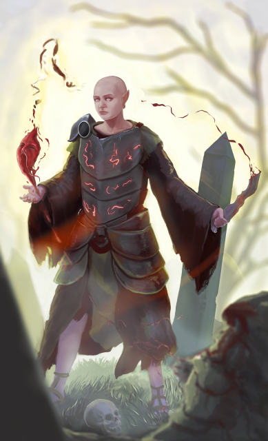 A digital painting made in Krita, a fantasy illustration depicting a bald elf of indeterminate gender performing blood magic in a graveyard.