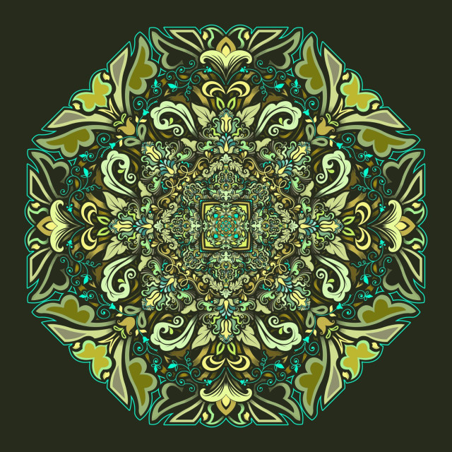 Octagonal axis mandala floating on a background of deep green space. The mandala consists of a myriad of Art Nouveau style ornamental floral shapes and forms in a variety of shades of green. It expands or blooms outwards from an infinitely small centre.