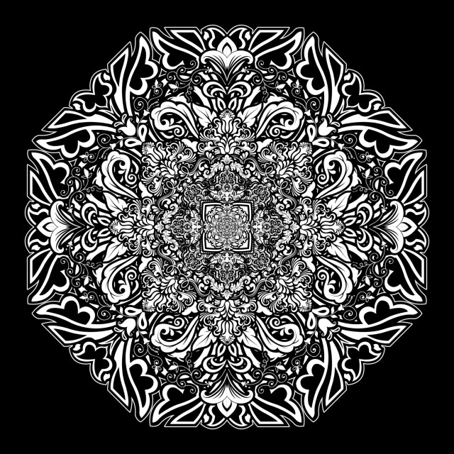 Octagonal axis mandala floating on a background of black space. The mandala consists of a myriad of Art Nouveau style ornamental floral shapes and forms in white with black detail and outline. It expands or blooms outwards from an infinitely small centre.