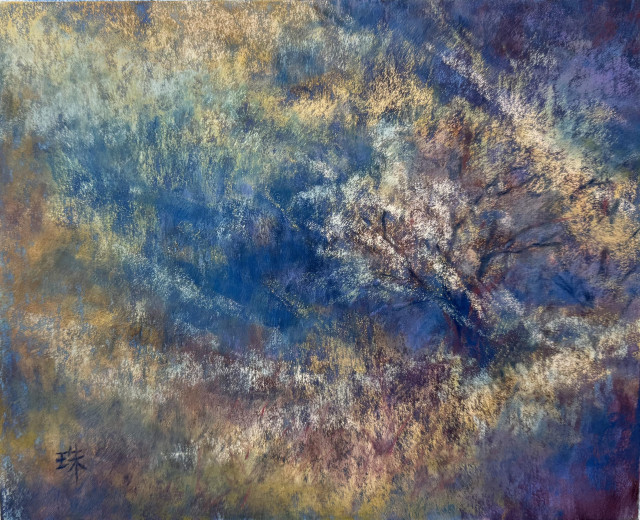 Very textured pastel painting of a shadowy hillside. Some patches of grasses and almost-bare trees are hit by winter sun. Abstracted.