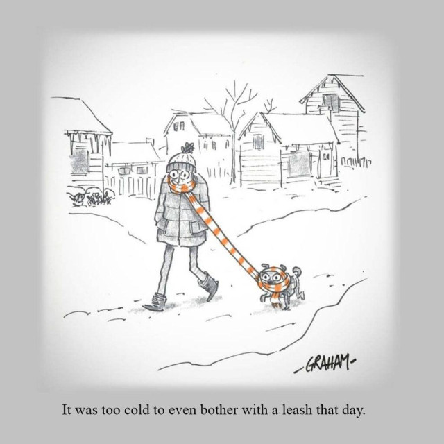 A cartoon illustration of a person and their pug walking outside in the winter, using a scarf wrapped around both their heads as a leash. Caption reads "It was too cold to even bother with a leash that day."