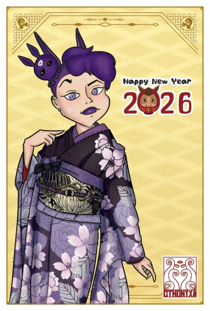 A 2026 New Year’s card with a gold, Japanese-patterned background. Cthonyxa is on the left with a black and purple, floral patterned kimono. Both she and her head squid have horse ears. On her right is the text “Happy New Year 2026” where the 0 is a horse daruma doll. Cthonyxa’s logo is on the bottom right.