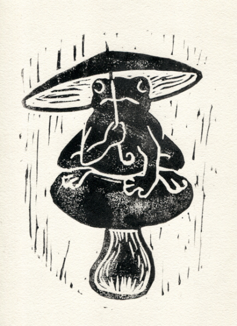 linocut print of a frog sitting on a mushroom holding an umbrella in rain