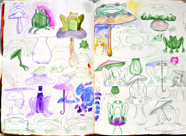 sketchbook double page filled with silly doodles of green and purple frogs, mushrooms and umbrellas 