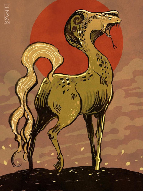 Art of a snake horse creature standing against a red sun