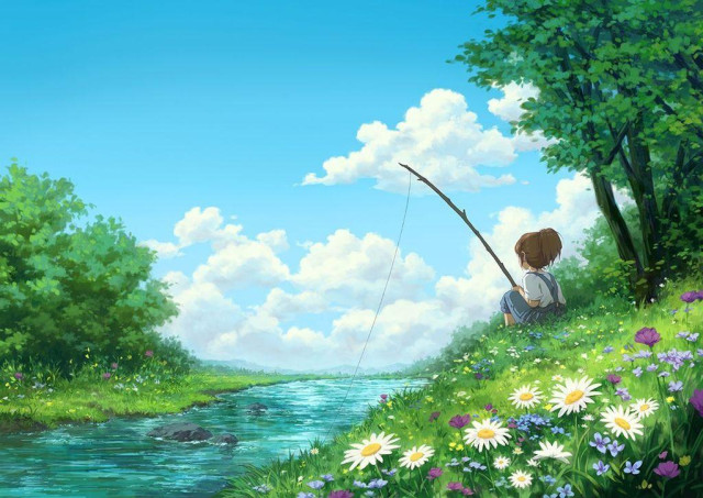 a digital painting of a little girl by a lake, fishing
