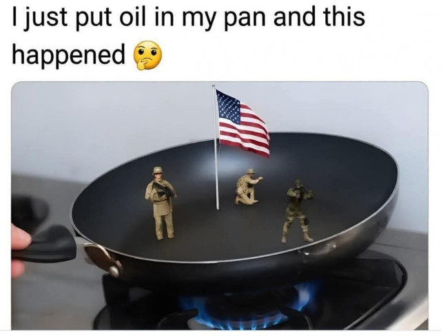 Meme
Text: I just put oil in my pan and this happened
Pic: Photo pf pan on stove with three miniature US soldiers with flag