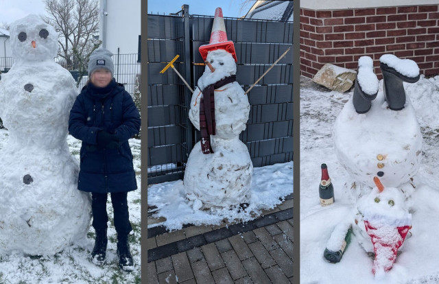 This image is a triptych showcasing imaginative snow sculptures in a snowy outdoor setting. - Left Panel: A person stands next to a large snowman. The snowman features big round eyes, a carrot nose, and black buttons down its front. The person is dressed warmly in a dark coat, grey beanie, and gloves, standing on a patch of snow-covered grass. - Middle Panel: A snowman is positioned against a grey fence. This snowman wears a red and white traffic cone as a hat, a brown scarf, and holds a broom in one hand. The ground is covered in snow, with the fence providing a backdrop. - Right Panel: A playful snow sculpture depicts a snowman lying on its back with its legs raised, as if it has fallen over. The snowman has bottle caps for eyes and buttons, a carrot nose, a red hat, and wellington boots for feet. Beside it, there are two empty bottles of sparkling wine.