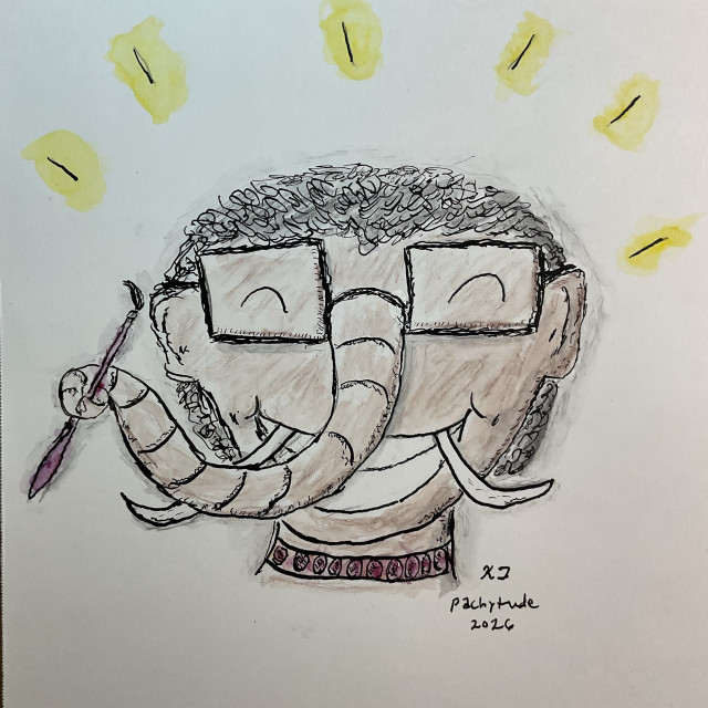 A broadly smiling anthropomorphic mastodon gal with brown skin, glasses, and a paintbrush clutched in her curved trunk. Her joyful smile is all teeth and tusks. She has an Afro and her eyes are closed into happy semicircles. Angled dashes highlighted in yellow emanate from the top of her head.