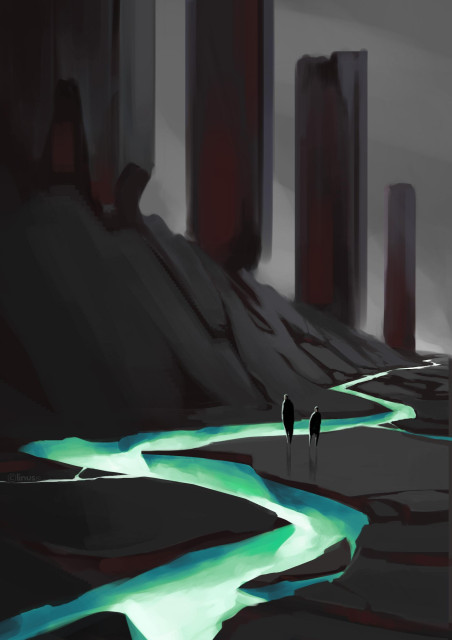 Full color cover illustration for the liminal webcomic ; vertical rock concretions similar to buildings dominating a valley cut in two by a huge crevice. Two silhouettes standing on a rock, looking into it