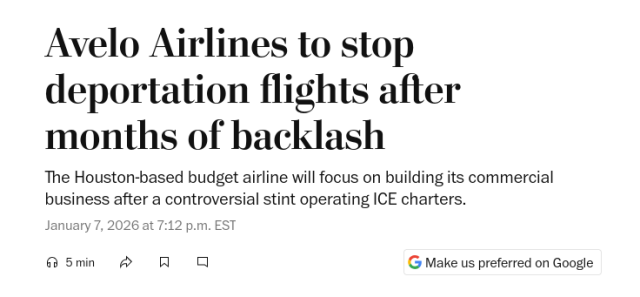 Avelo Airlines to stop Deportation flights after Months of backlash