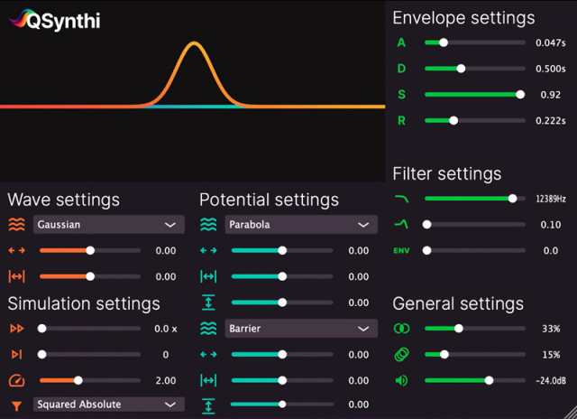 QSynthi plugin UI with Wave settings, Simulation settings, Potential settings, Envelope settings, Filter settings, and General settings.