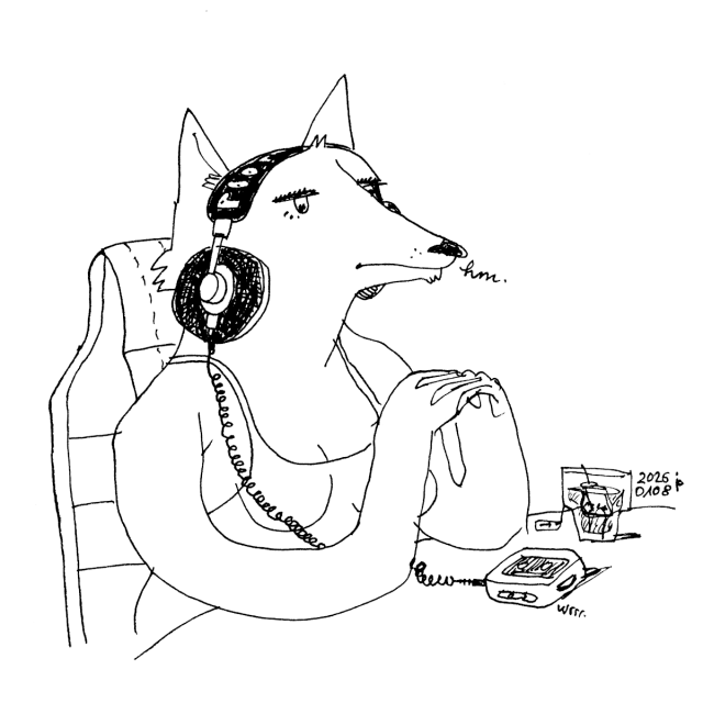 drawing of a person with a dog/wolf/fox head sitting at a table with a walkman and a glass with water and a teabag in it. the person is leaning on their elbows and folding their hands below their snout. looking focused or disappointed or sceptical (I'm sorry I only drew this!), saying "hm." they're wearing big headphones connected to the walkman on the table, but because those are headphones for humans, die parts that actually produce sound are near their cheeks instead of their ears, which are on top of their head. hm.