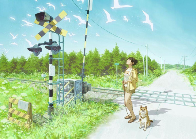 a painting of a train crossing, a girl walking her dog, and ghostly birds flying overhead.