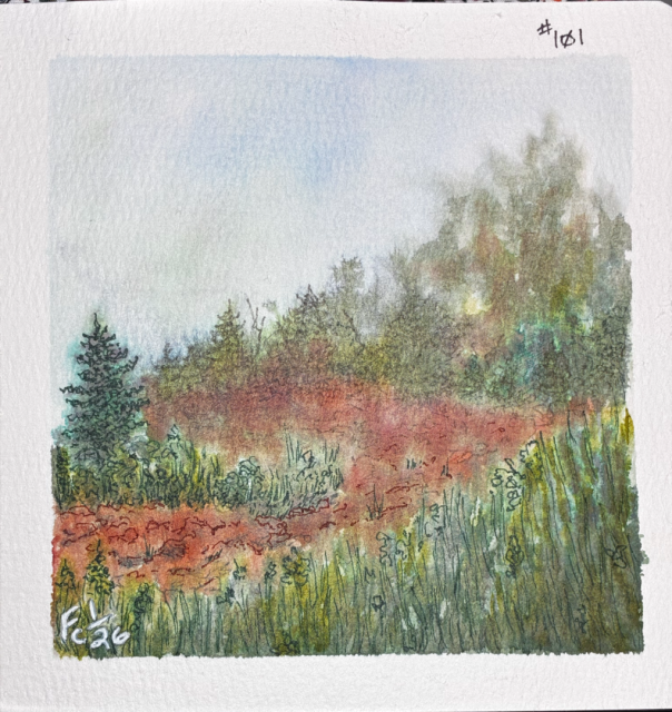 A hazy scene rendered in ink wash and line of a red-clay path curving through a green, scrubby field. Coniferous and deciduous trees alike fade into the distance beneath a washed-out sky that hints occasionally toward blue. The artist's signature, "Fc1/26" is in the lower left, while the title, "#101" is in the upper right.