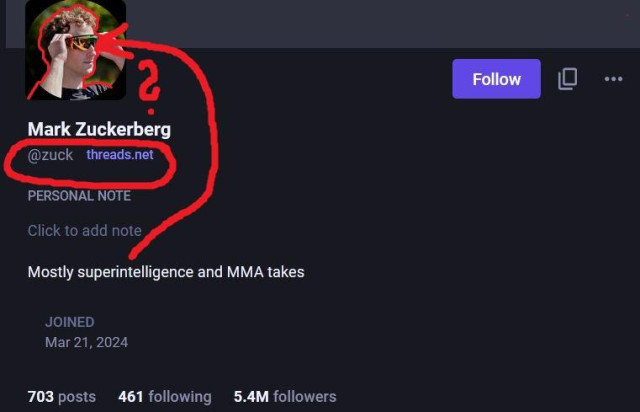 Screenshot of Mark Zuckerbergs profile on the Fediverse. His id still is @zuck@threads.net. His face is highlighted in red and a red arrow goes from his description "Mostly superintelligence and MMA takes" to it with a red questionmark.