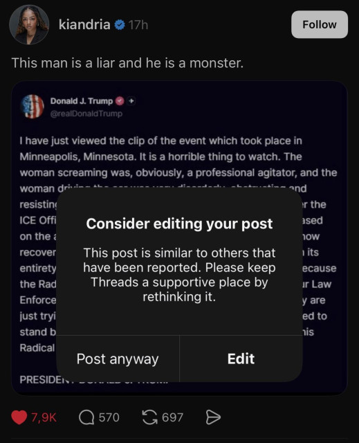 Meta Threads popup saying: "Consider editing your post: This post is similar to others that have been reported. Please keep Threads a supportive place by rethinking it."