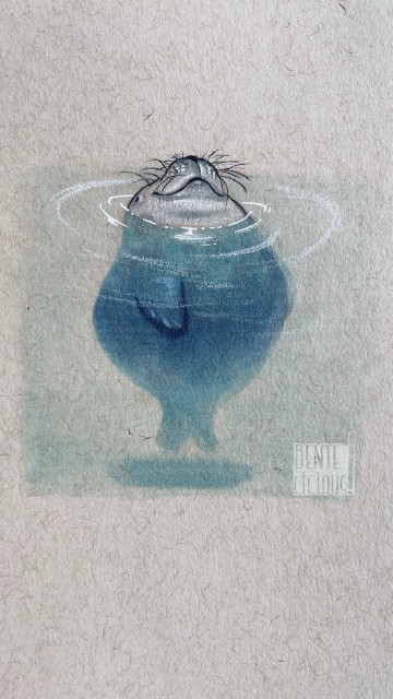 Illustration einer Robbe, die sich im Wasser treiben lässt. Nur ihre Nasenspitze guckt senkrecht aus dem Wasser, der füllige Körper ist al dunkler, blauer Blorb unter dem Wasser zu erahnen 