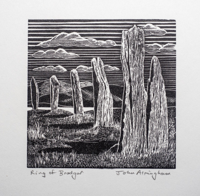 Print in black ink of six tall, slender standing stones, part of stone circle. The stones and the ground have some realism. The sky is more graphically represented by horizontal line that increases in width as they rise through cumulus clouds.