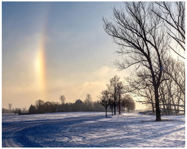 A snowy landscape with a clear sky and a faint rainbow effect can be seen. Bare trees line a winding path, leading to a distant building. The scene conveys a tranquil winter atmosphere.
